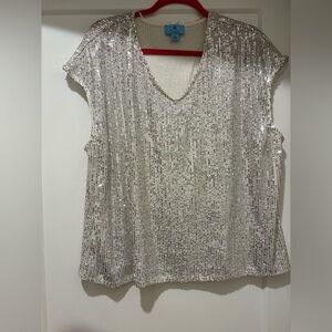 CeCe Shimmering Silver Sequin Top XL